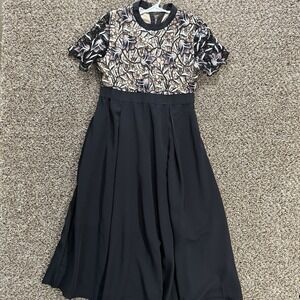 Xiangjiuu XL Embroidered Lace Bodice Black Dress Fit Flare Illusion Short Sleeve
